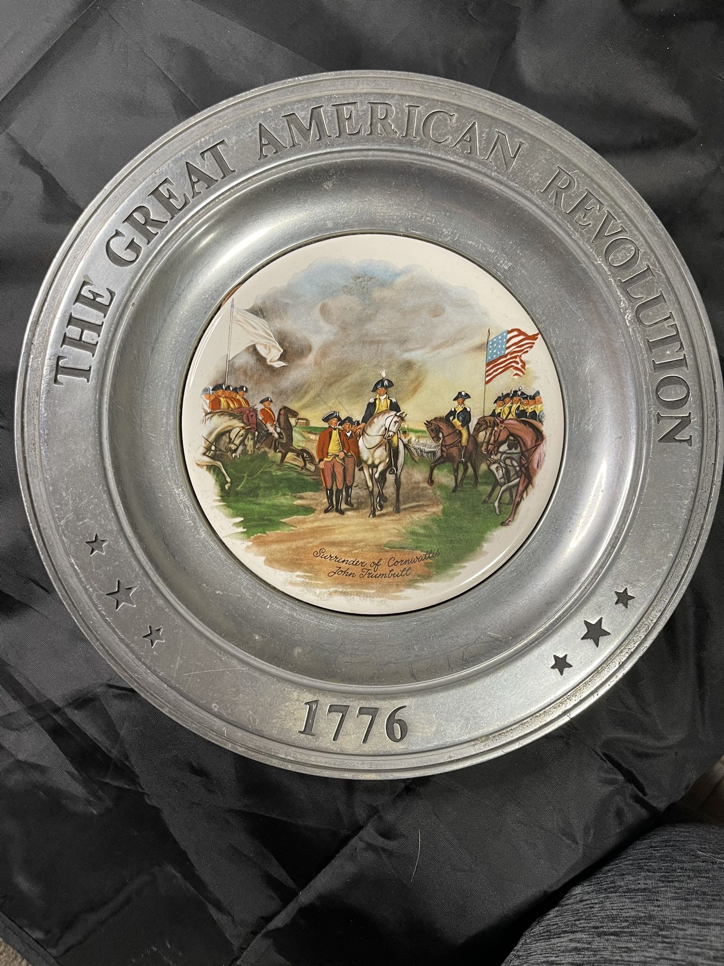 Vintage The Great American Revolution 1776 Pewter and Porcelain Hanging Plate