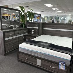 Contemporary 5 PC Bedroom Furniture Set Features Storage Drawers And Special Jewelry Compartments On Sale NOW With FREE Mattress And Nightstand