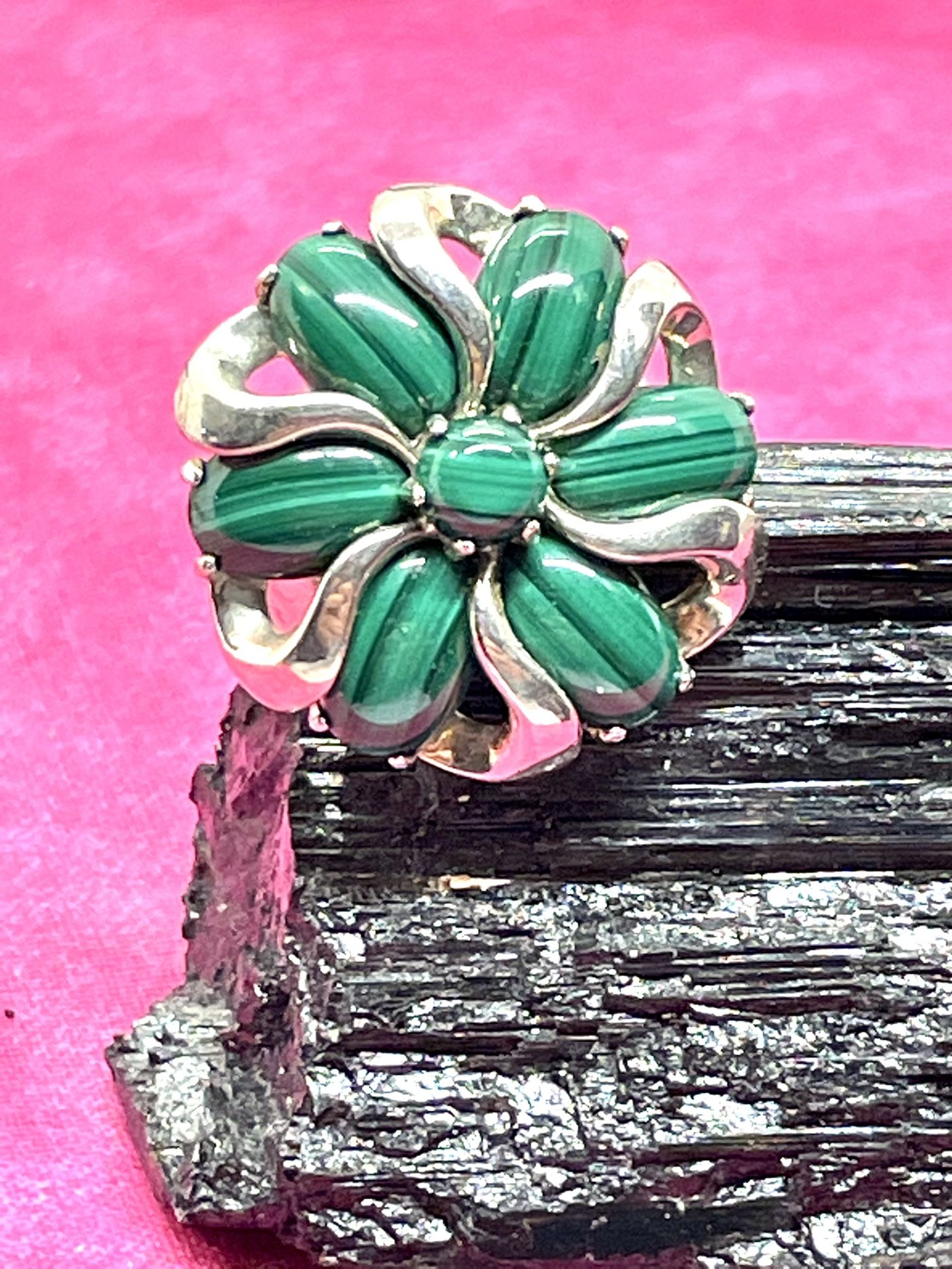Sterling Malachite Floral Ring Sz6