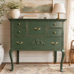 Vintage French Provincial Sideboard Buffet Credenza Console Cabinet Dresser Chest of Drawers – Green & Gold Ornate Accent Storage Piece