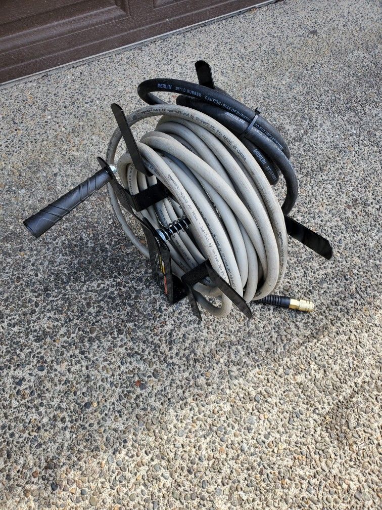 Air Hose Manual Reel with 3/8, 50ft Hybrid Hose 