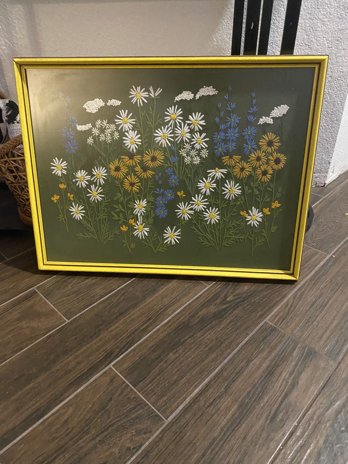 Vintage 1970s Embroidered Floral Wall Frame 