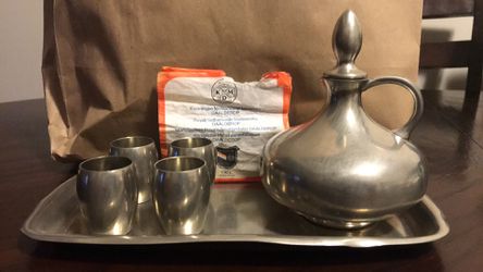 Vintage Royal Daalderop Netherworlds Pewter Olive/Vinegar/ Liquor Cruets W/ 4 Cups and Tray