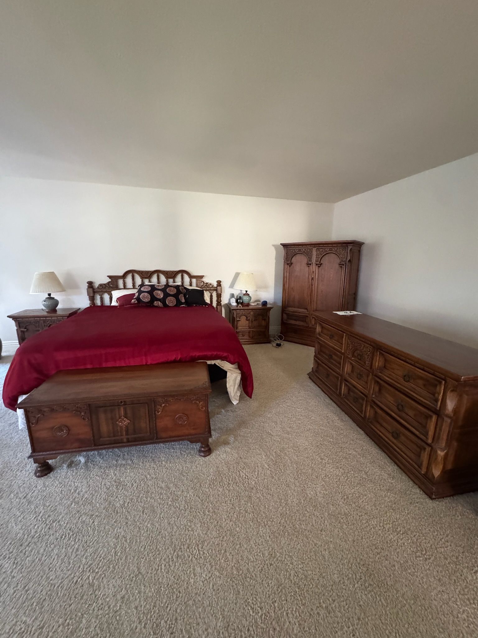 Vintage Bedroom Set - King Bed, Wardrobe, Nightstand, Headboard, Mirror