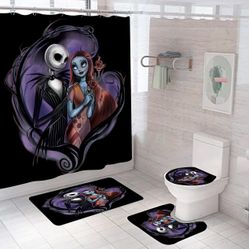 4 PCS Nightmare Before Christmas Bathroom Set with Shower Curtain and Rugs, Halloween Jack Skellington Shower Curtain Bathroom Decor Set with 12 Hooks