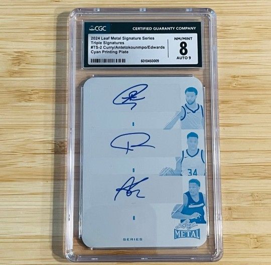 STEPHEN CURRY, GIANNIS ANTETOKOUNMPO, ANTHONY EDWARDS 2024 Leaf Plate Auto 1/1