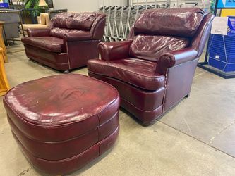 ETHAN ALLEN Vintage Oxblood Leather Armchair with Ottoman