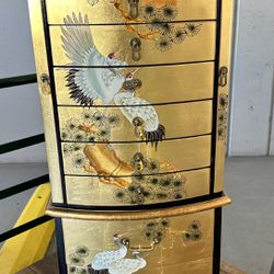 Oriental Furniture Lacquered Gold Leaf Jewelry Chest Armoire Cabinet Dresser Chinoiserie 