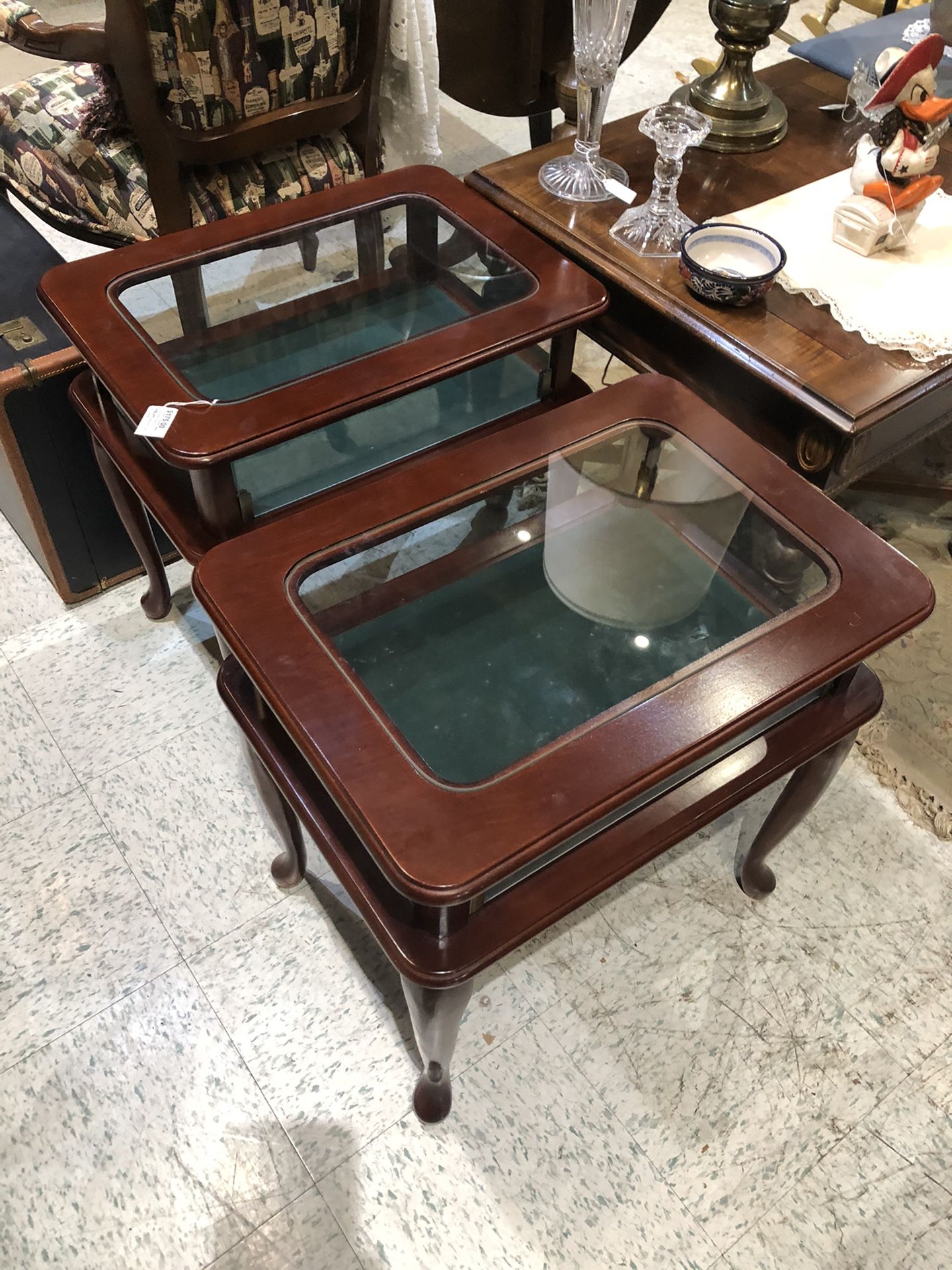 2 cherry QA style glass display end tables