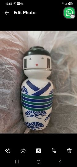 Vintage Geisha Girl Kokeshi Porcelain Sake Decanter Bottle & Cup Set Royal Blue