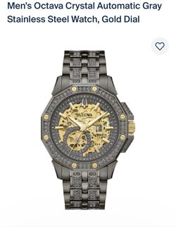 Men's Octava Crystal Automatic Gray Stainless Steel Watch, Gold Dial