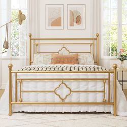 Full Size Metal Platform Bed Frame, Victorian Headboard, Gold Heavy Duty Metal Slats Support, Mattress Foundation, Under Bed Storage, No Box Spring Ne