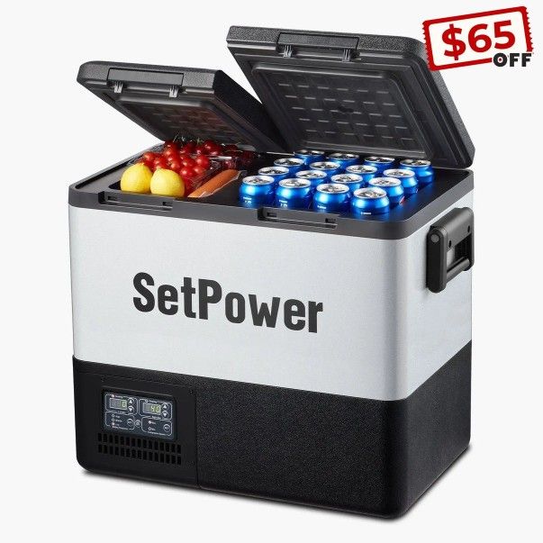 Setpower PT55 58Qt 12V Refrigerator with Freezer Low Watts Car Cooler. A Real Dual Zone Dual Temperature Control Separate Double Doors Budget 12 Volt
