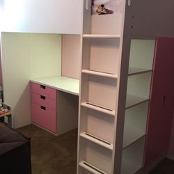 Twin Size Loft Bed In Princess Pink With Desk, Drawers, Closet
