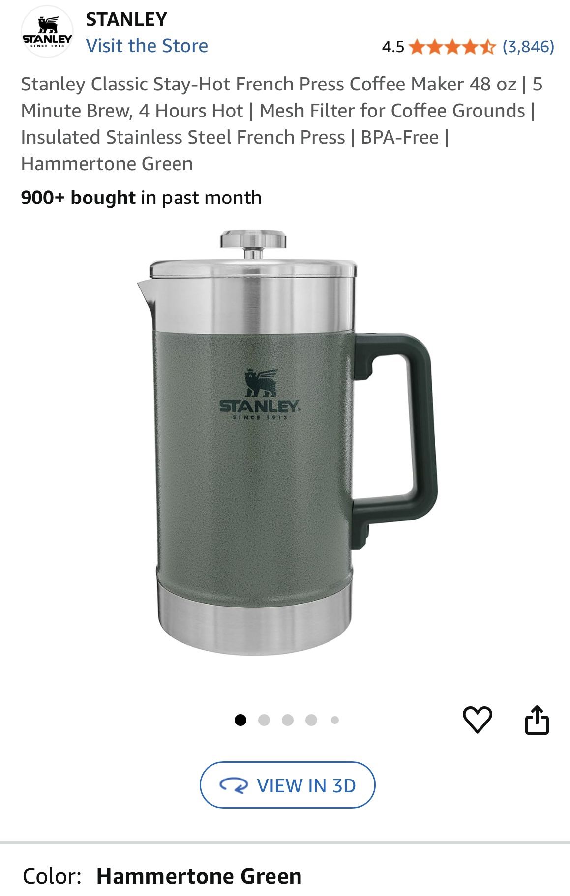Stanley Classic Stay-Hot French Press Coffee Maker 48 oz | 5 Minute Brew, 4 Hours Hot | Mesh Filter for Coffee Grounds | Insulated Stainless Steel Fre