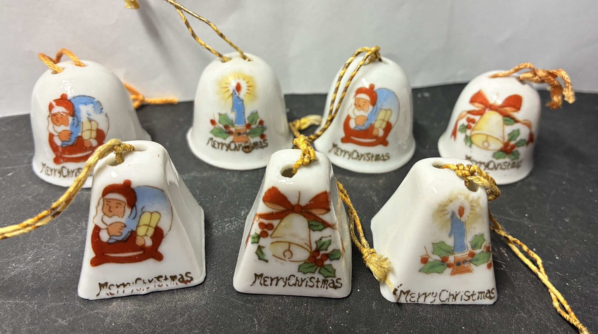VTG Miniature Christmas Bell Set Of 7 Hand Painted Porcelain 1950s Japan VGUC