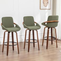 29.5" Bar Height Barstools Set of 3,Mid Century Modern Retro Bar Chairs Green Corduroy Fabric Upholstered and Walnut Wood Frame for Home Bar Furniture