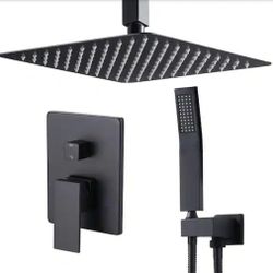 Luxury Ceiling Mount Dual Heads Shower System 10", 1.8gom, Stables, Brass In Matte Black