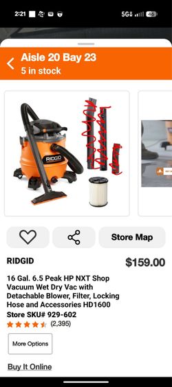 ⚠️ Missing accessories shown crossed out in photo ⚠️  RIDGID 16 Gal. 6.5 Peak HP NXT Shop Vacuum