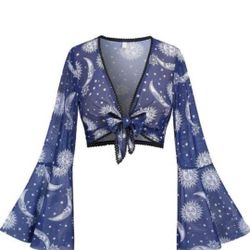 NEW! Womens 1X (14-16) Sheer Chiffon Butterfly Sleeve Crochet Lace Bolero Shrug Jacket, Moon/Stars