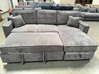 NEW Sectional Sofa and STORAGE Chaise Set Pullout Sleeper Bed Pull out Convertible Dark Grey Fabric Adjustable Discount Furniture Warehouse BIG SALE