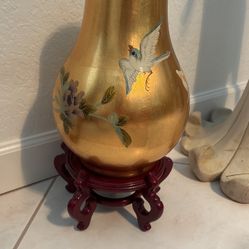 16.5” Asian Chinese Chinoiserie Oriental Flower Vase Planter & Teakwood Pedestal Stand. Vintage MCM Gold, White & Green. BIRD, LEAVES & FLOWERS!