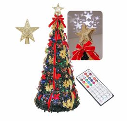6 FT Pop Up Christmas Tree, Pre-Decorated Xmas Tree Lighted Top Star