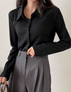 Black Ribbed Button-Up Long Sleeve Top