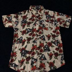 Men’s Button Up Shirt Size S (fits Like Medium) Tan Rose Grim Reaper Pattern