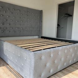 Diamond Tufted Grey  King And Queen Size Platform Bed
