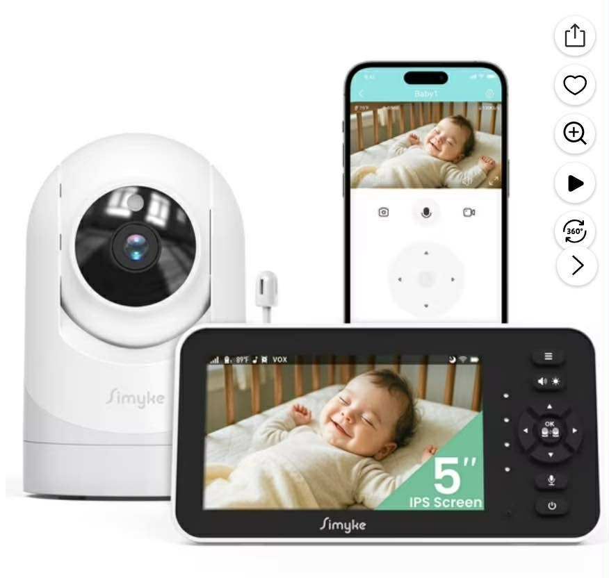 NEW Simyke Video Baby Monitor with Camera and Audio,5'' IPS Screen,720P HD,App,Remote Pan/Tilt/Zoom