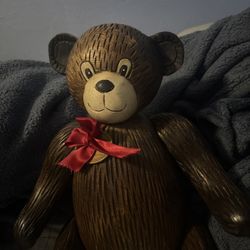 Valentines Teddy Bear Vintage Wooden Hand Carved Jointed Posable 13” Tall