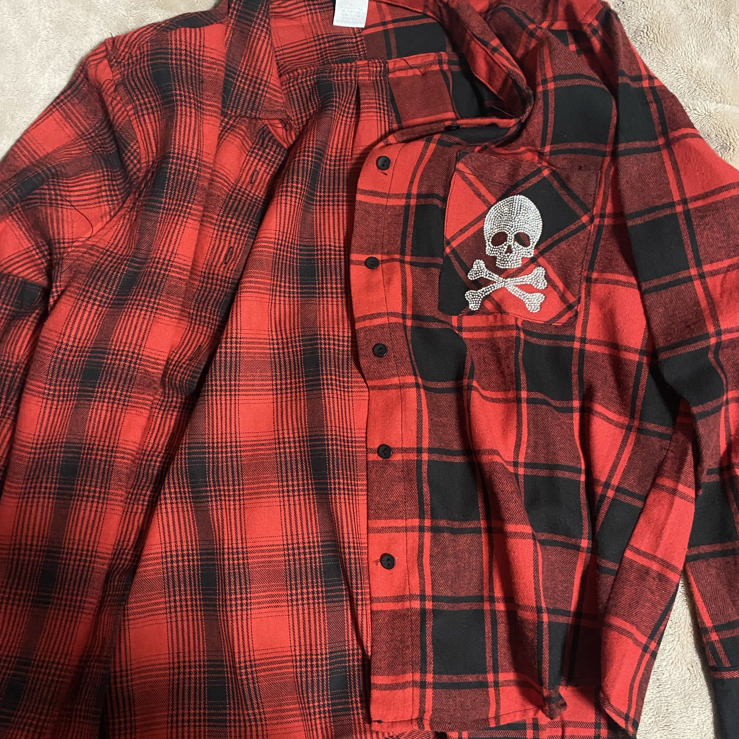 Red Plaid Flannel Shirt with Skull Patch