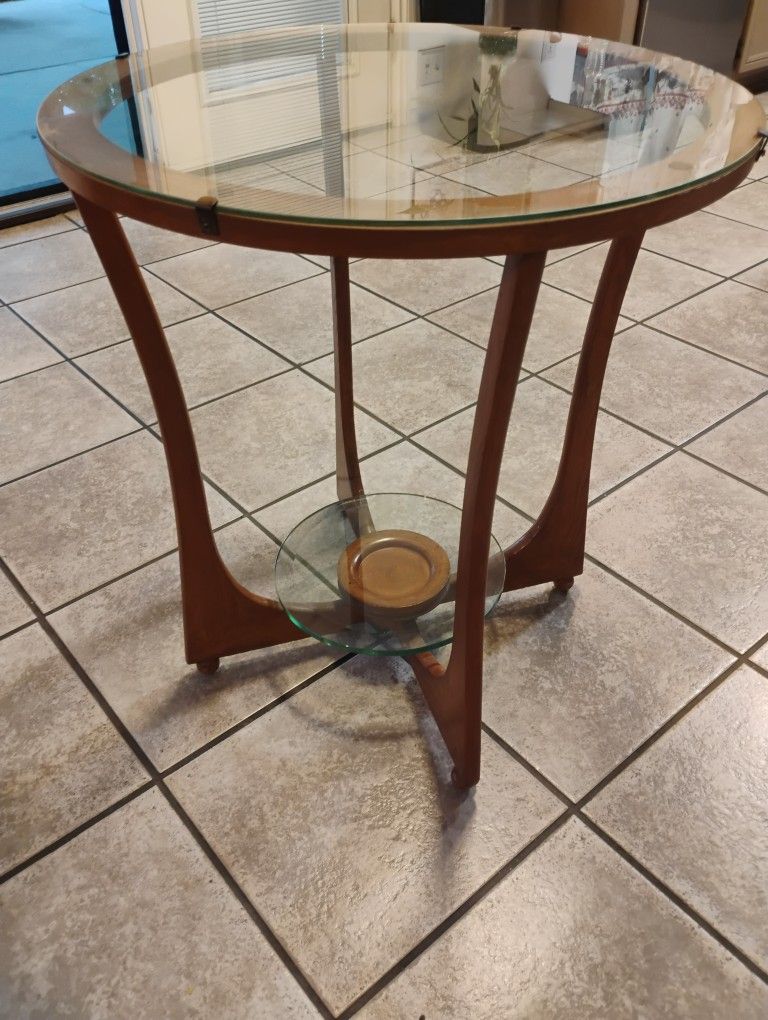 Antique Wood Glass End Side Round Table