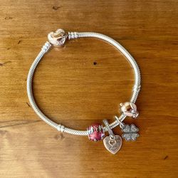 Pandora Moments Rose Heart Clasp Snake Chain Bracelet with 4 Charms