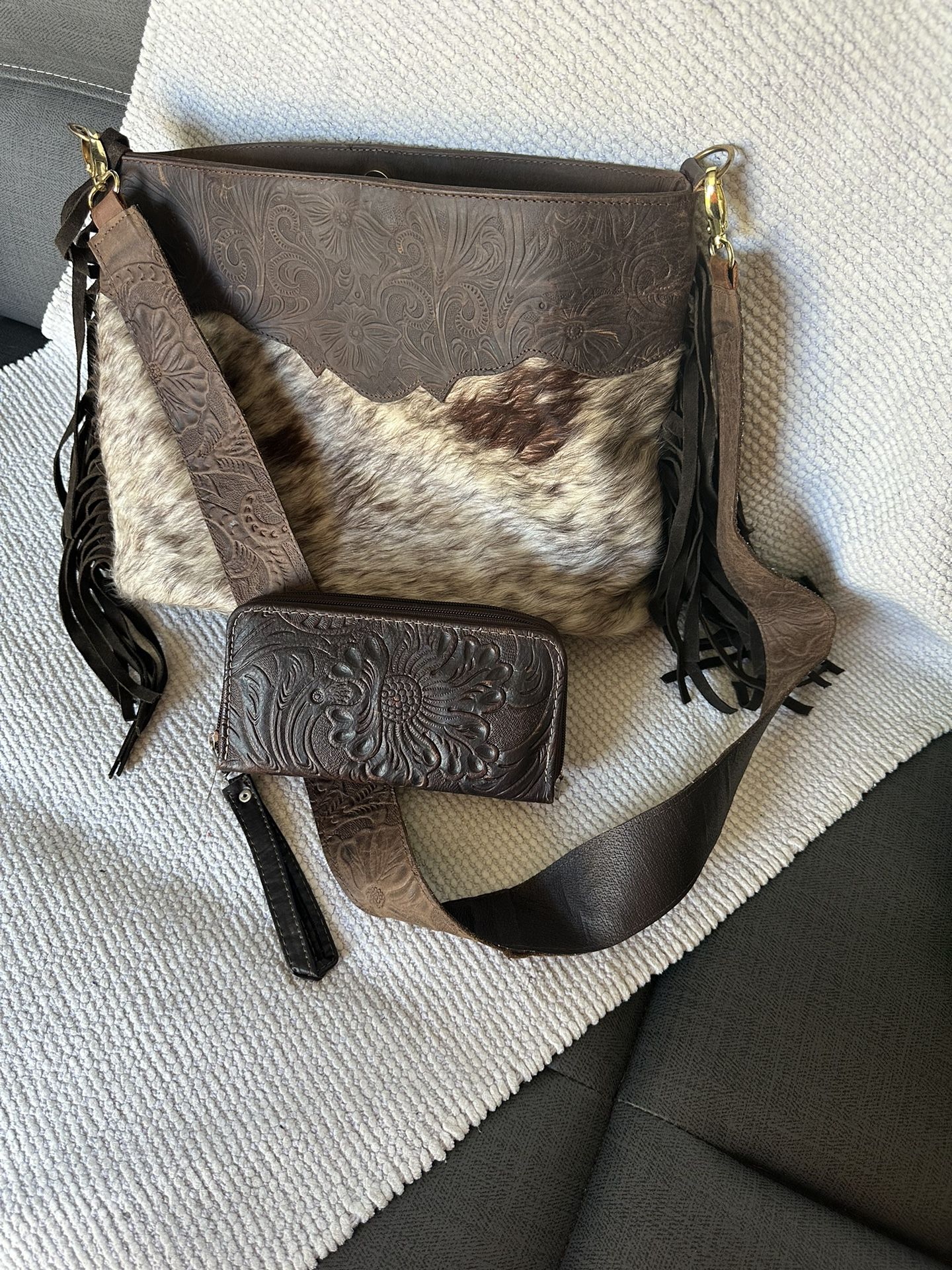 Leather Cowhide Purse With Fringe & Wallet