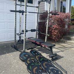 squat rack with last pull down,bar,weight and bench