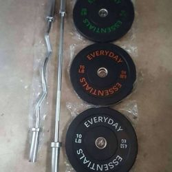 Bumper Plate Set 100 Pounds, Olympic Bar, Curl Bar & Power Rack Tower Station 