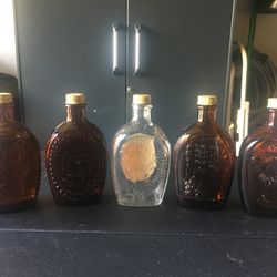 5 Log  Cabin Syrup Bottles 