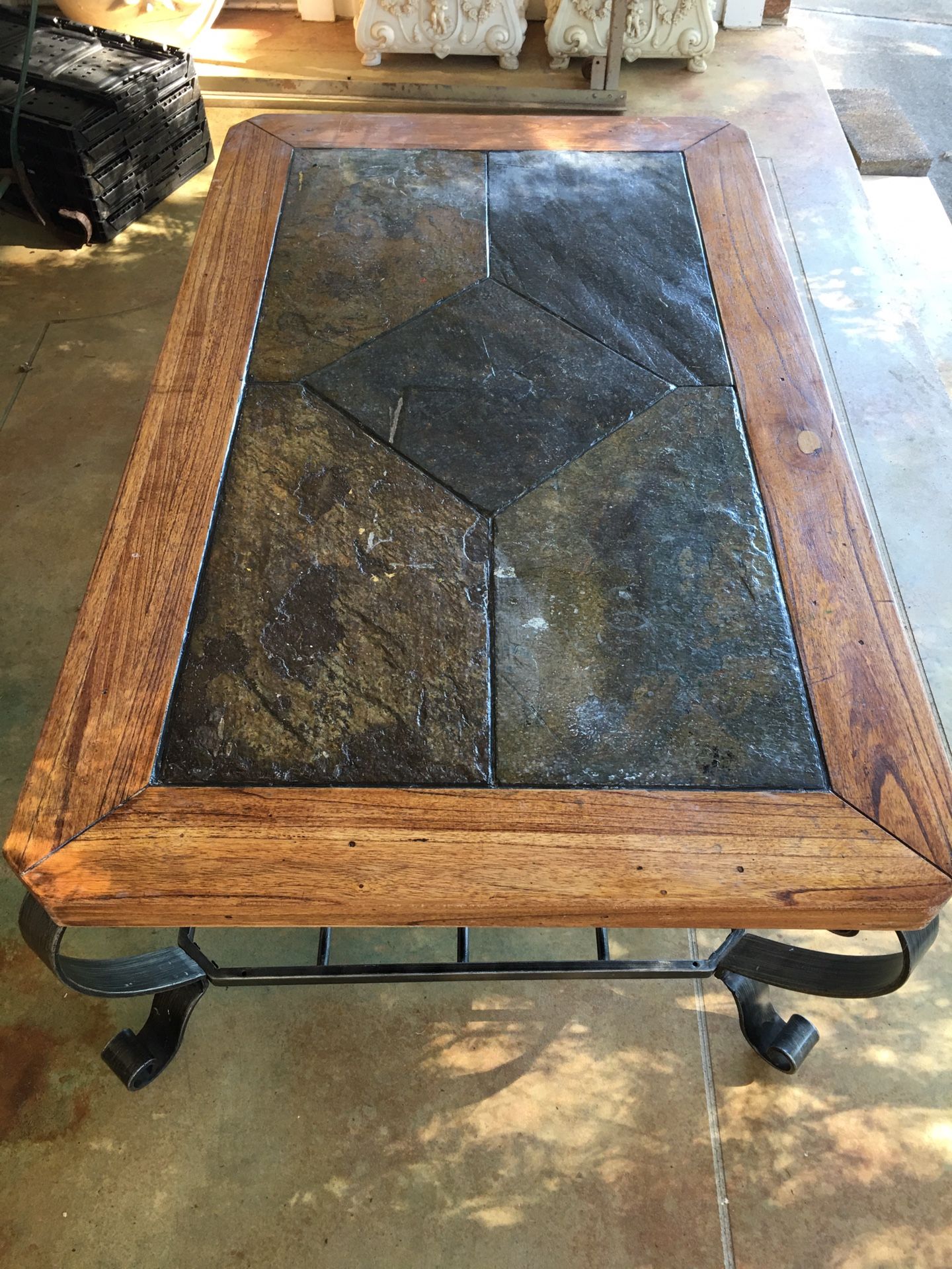 Nice coffee table iron frame wooden and stone top