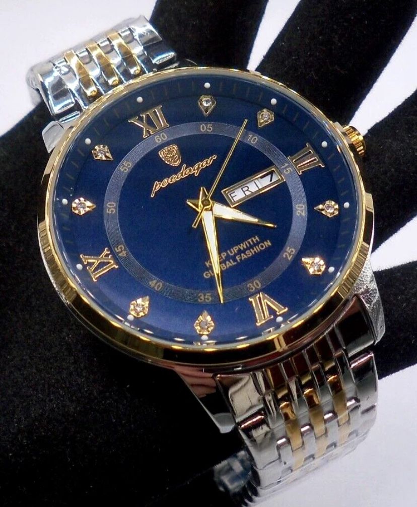 POEDAGAR Men's Quartz Watch Day Date Two-Tone Blue Dial/Crystal Markers, New!