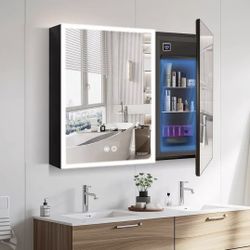 Lighted Medicine Cabinet with Mirror, Built-in Mini Fridge for Skincare, Adjustable LED Light Mirror, Bathroom Large Medicine Cabinet 2 Doors Wall Mou