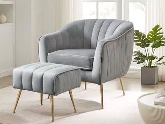 Velvet Accent Chair with Ottoman, Modern Arm Barrel Chair and Ottoman for Living Room Bedroom, Golden Finished, Grey(ASF-5209A-OT)