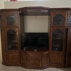 Large Solid Wood Entertainment Center / Wall Unit with Glass Cabinets
