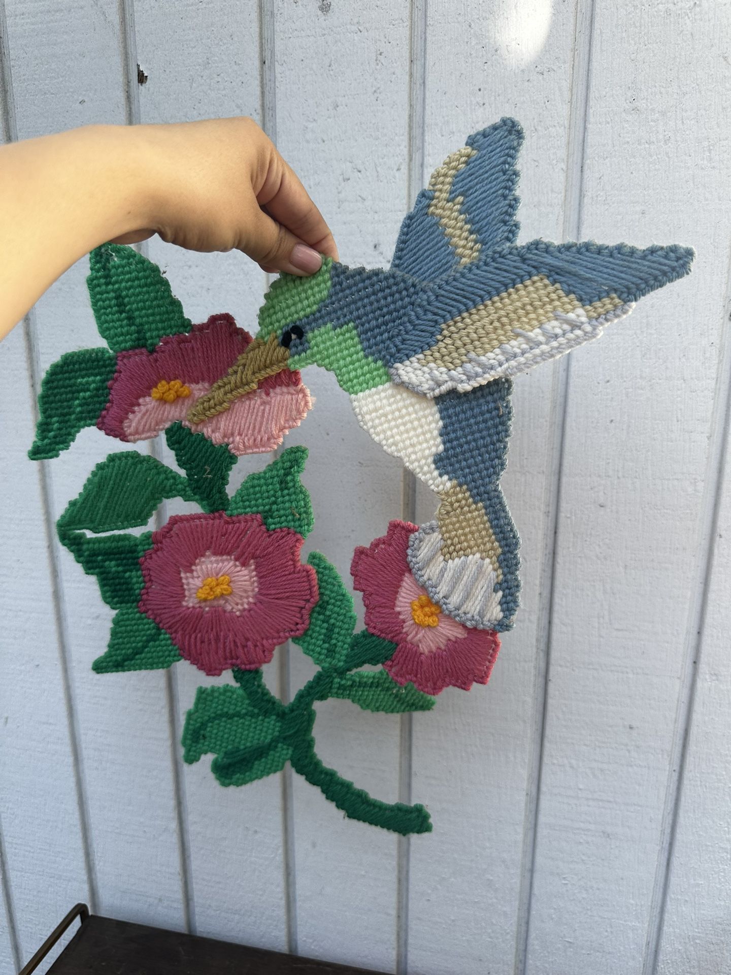 Beautiful Cross Stitch Hand Made Humming Bird Flower Wall Art Decor
