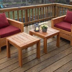 Handmade Solid Wood Outdoor Lounge Chair Set w/ Tables – Red Cushions Included