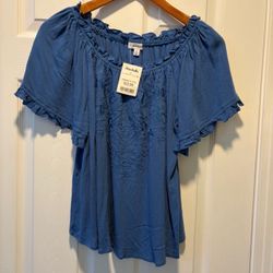 Brand New Eyeshadow Blue Embroidered Ruffle Sleeve Top Size S clothes NWT - Simi Valley