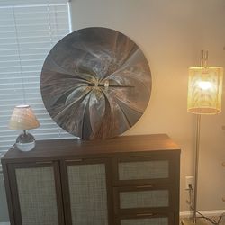 New Wood & Cane Living Room Decor Set – Cabinet, Mini Lamp, Floor Lamp & Modern Wall Clock