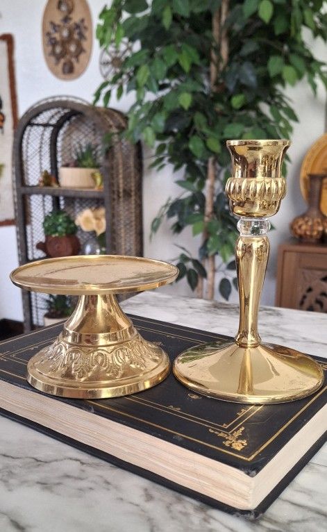Plated Brass Pillar Candle Holder And Gold Metal Taper Candle Holder Set