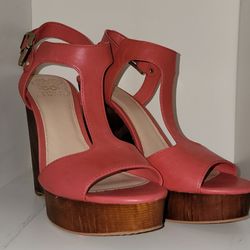 VINCE CAMUTO MATHIS BITTERSWEET GRAPFRUIT T-STRAP WOMEN WEDGE SHOES OPEN TOE Sz-7-8 $65